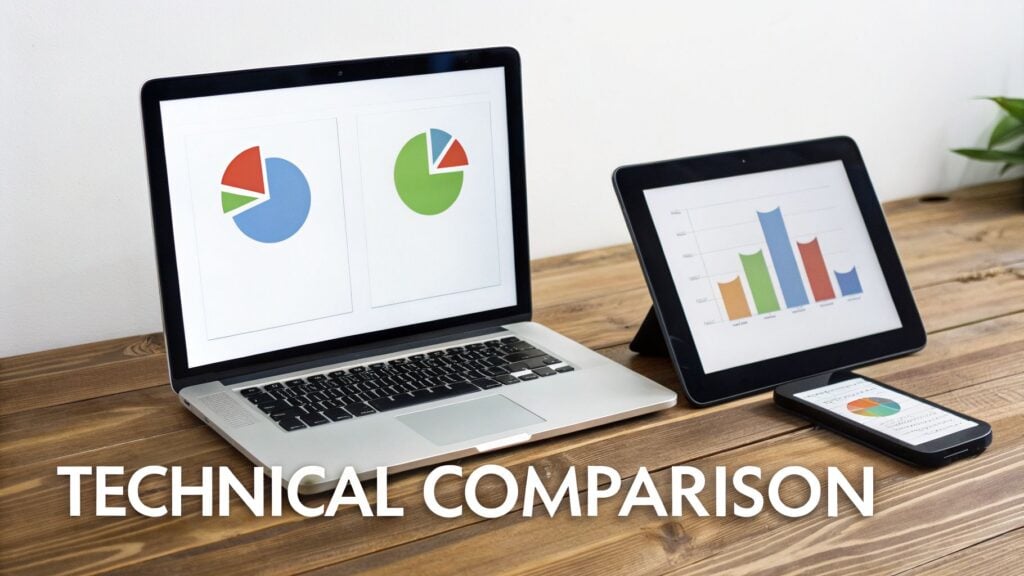 A laptop, tablet, and smartphone display various charts and graphs on a wooden desk, illustrating a technical comparison.