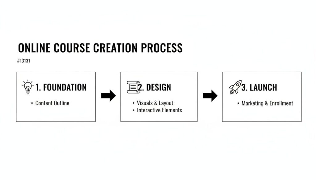 Diagram outlining the three-step online course creation process: Foundation, Design, and Launch.