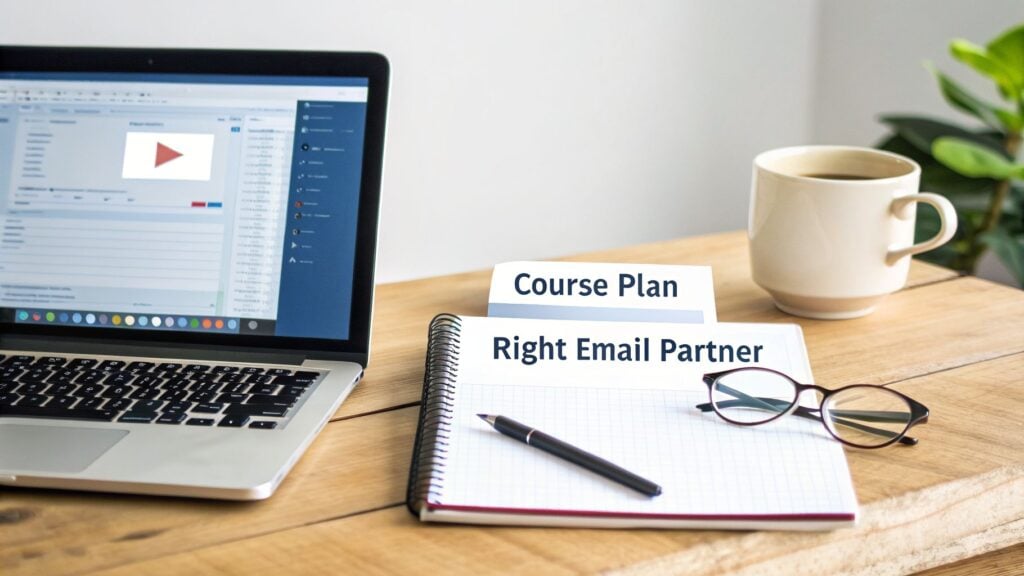 Desk with laptop, notebook showing "Course Plan" and "Right Email Partner", pen, glasses, and coffee.