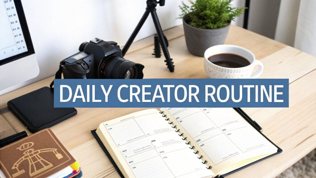 Workspace of a content creator featuring a camera, computer, coffee, and a daily planner.