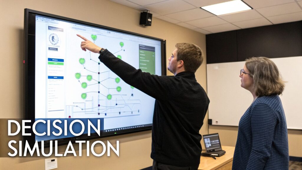 A man points at an interactive screen displaying a network diagram, while a woman observes, demonstrating decision simulation.