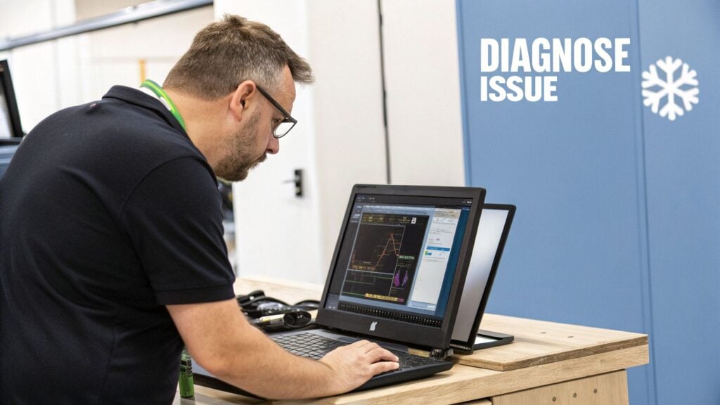 A man in glasses intently diagnosing an issue on a laptop with complex data, next to a 'DIAGNOSE ISSUE' sign.