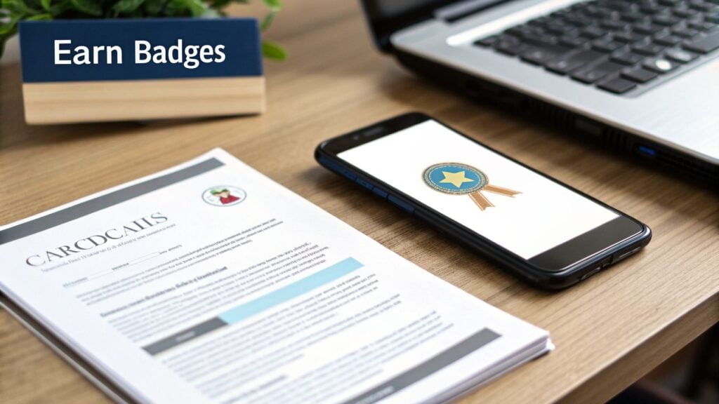 A desk with a laptop, documents, and a smartphone displaying a badge, with a block saying 'Earn Badges'.