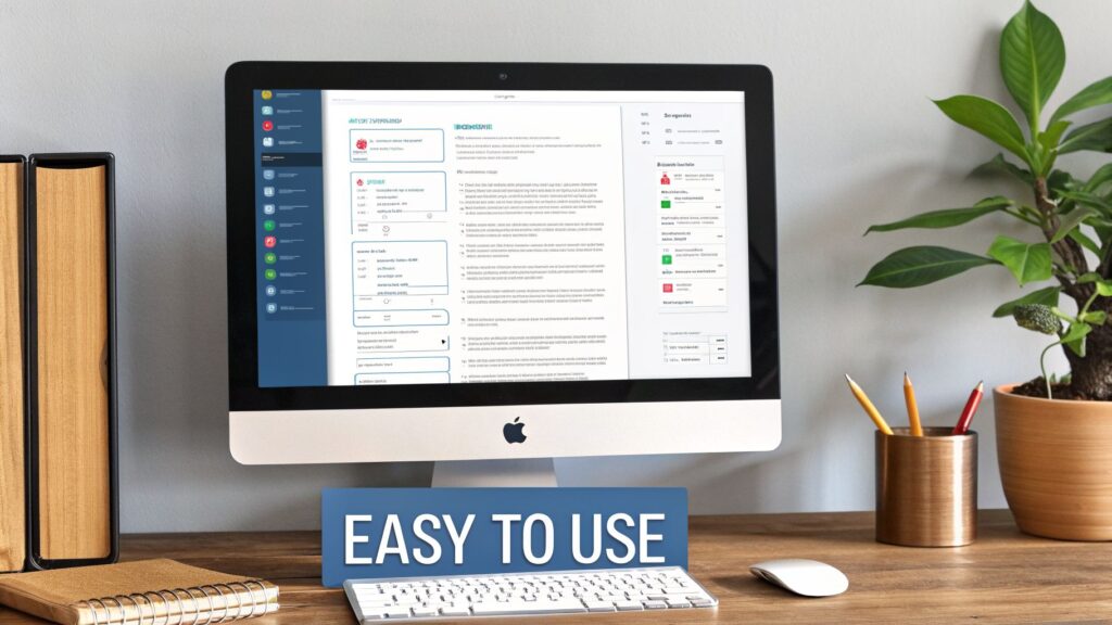 A sleek desktop computer on a wooden desk showing a web application interface, labeled 'EASY TO USE'.