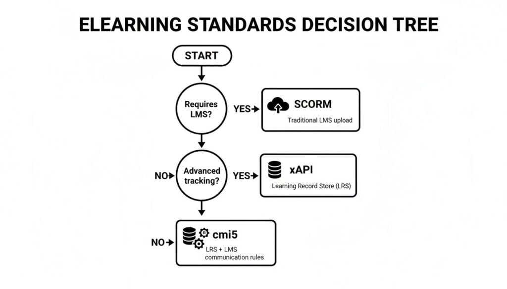 Decision tree diagram for eLearning standards, guiding choice between SCORM, xAPI, and cmi5.