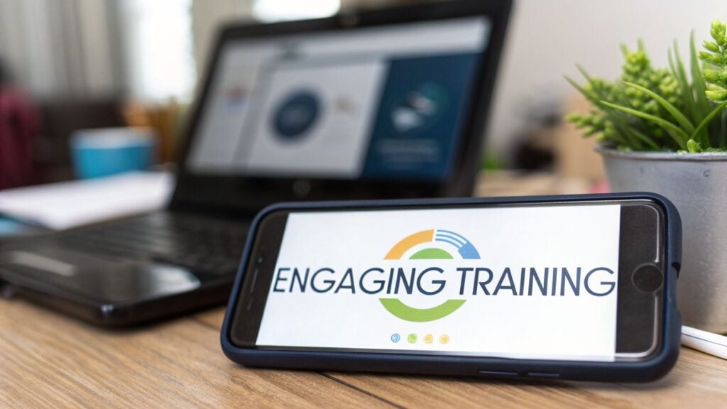 A smartphone displaying 'Engaging Training' content on a desk with a blurred laptop and plant.