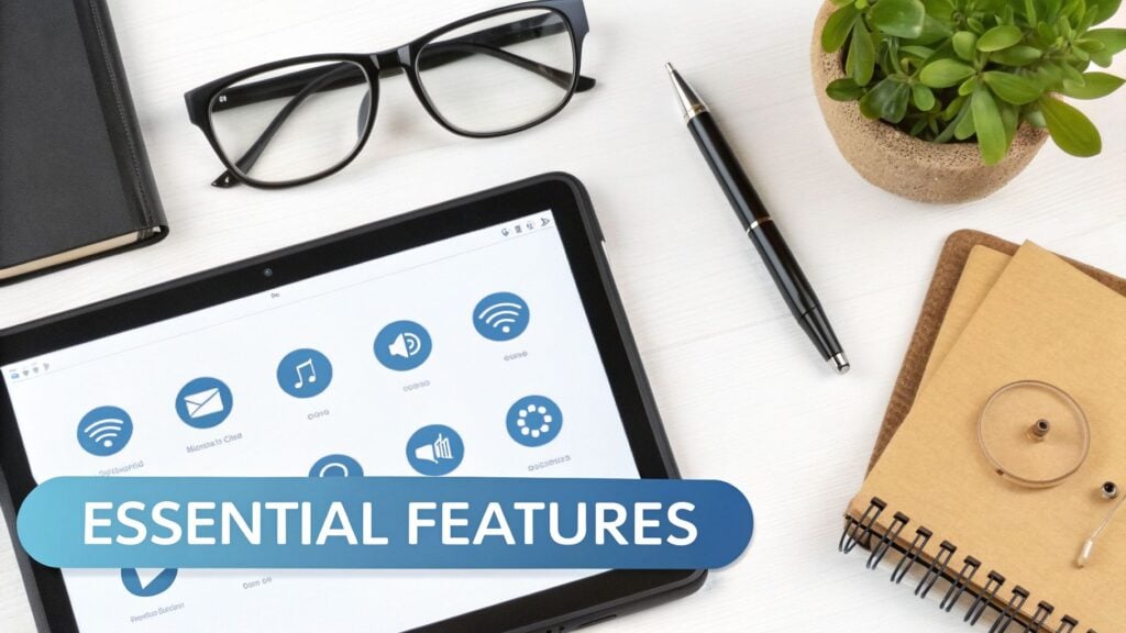 A tablet showcasing essential features and app icons, surrounded by office supplies on a white desk.