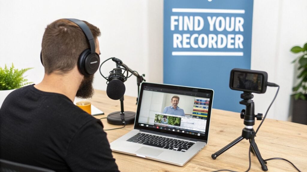 Man podcasting with headphones and microphone, viewing a video call on a laptop screen.
