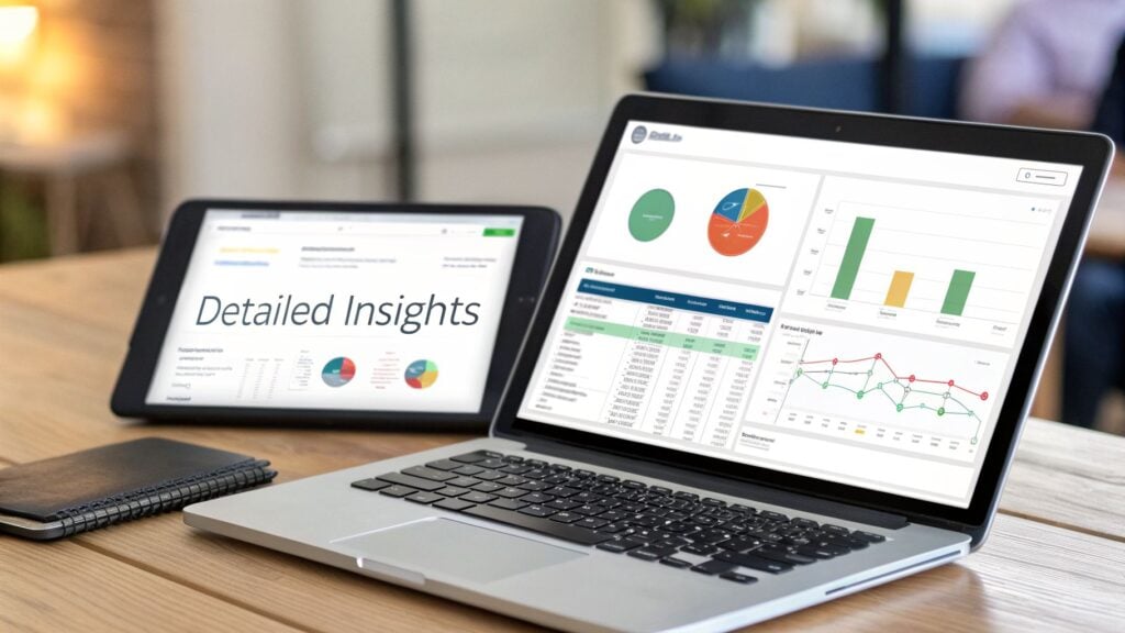 Laptop and tablet display business analytics dashboards with charts, graphs, and detailed insights.