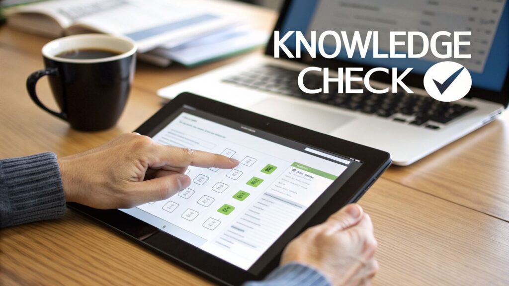 Person completing a knowledge check on a tablet, with a laptop and coffee cup in a workspace.