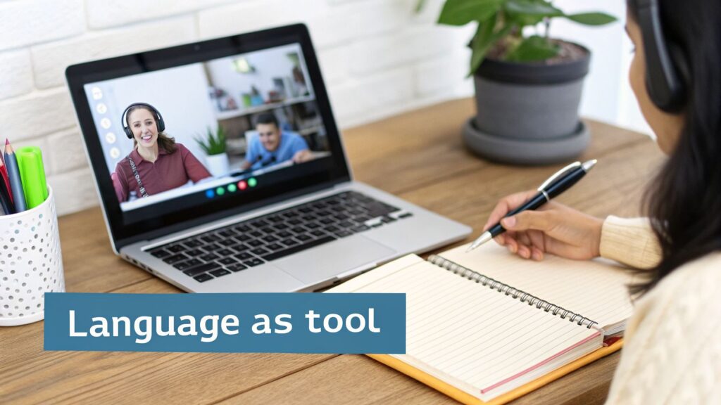 A person with headphones takes notes during an online language learning video call.