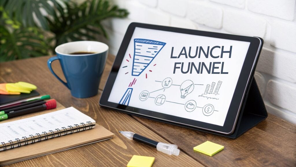 A tablet on a wooden desk displays 'LAUNCH FUNNEL' with a graphic, next to coffee and office supplies.