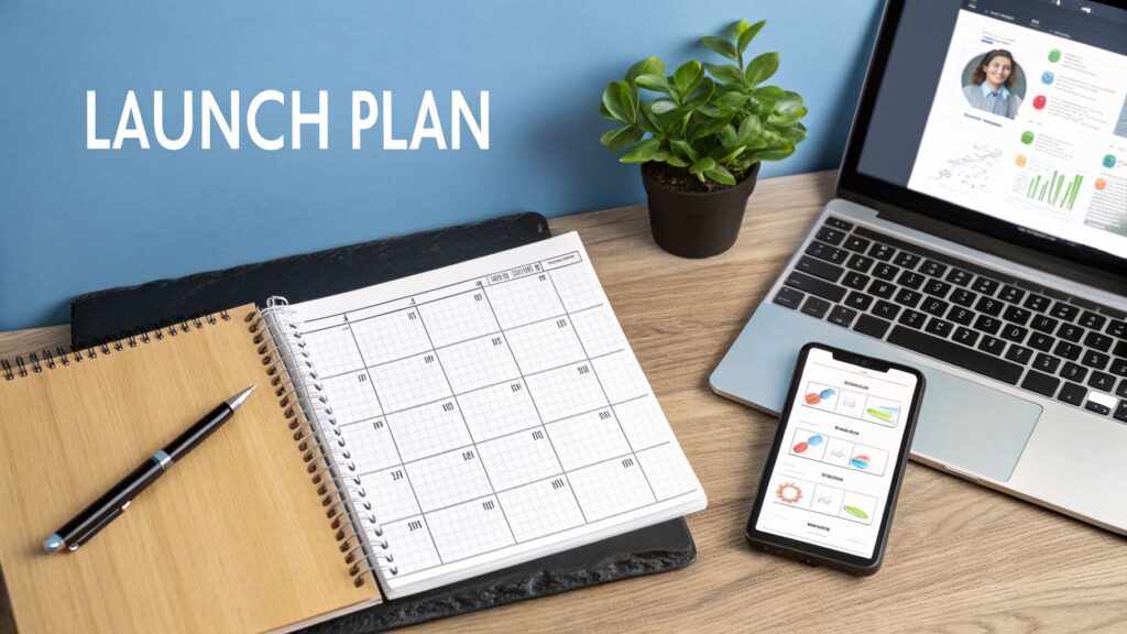 Launch plan on a desk with a laptop, smartphone, planner, and plant, symbolizing business strategy.