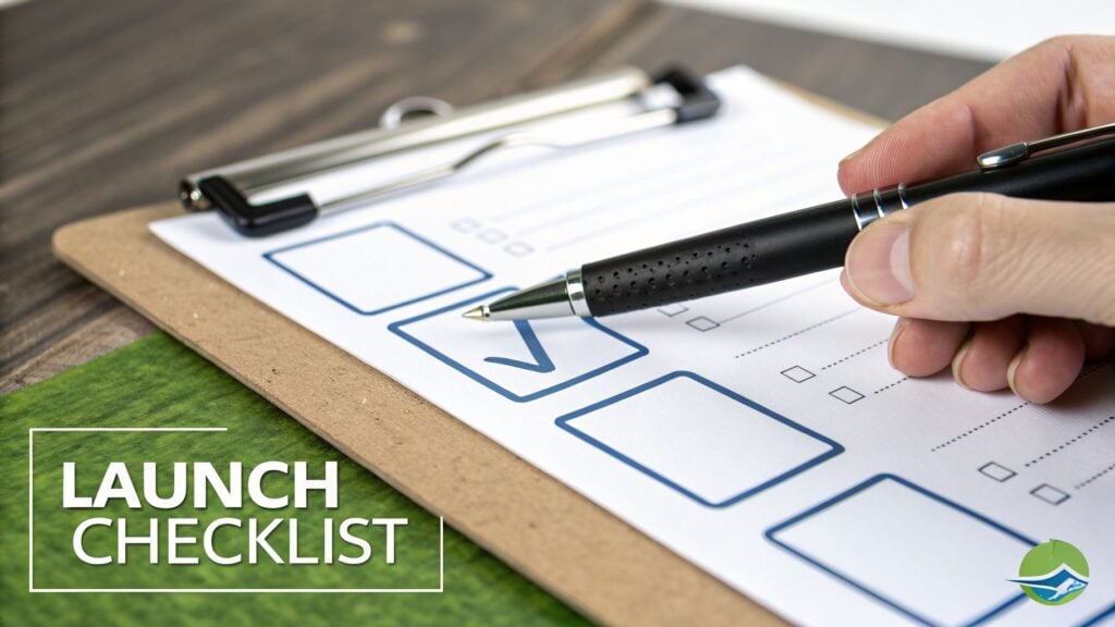 A hand with a pen checking off a task on a launch checklist document.