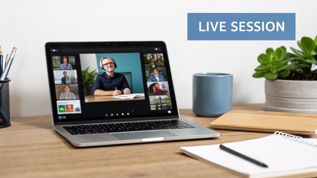 A laptop on a desk displays a live video conference with a presenter and multiple participants.