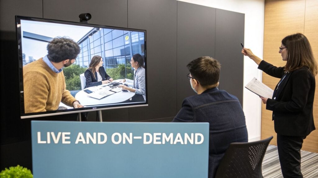 People participate in a live and on-demand video conference for corporate training.