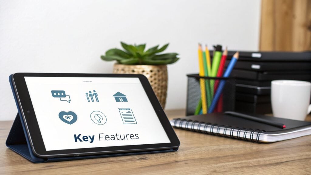 Tablet displaying 'Key Features' and icons on an office desk with pencils and notebooks.