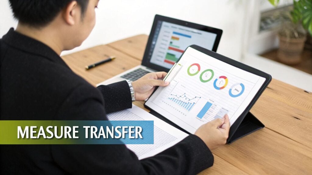 A person measures performance and analyzes data on a tablet, with a laptop in the background.