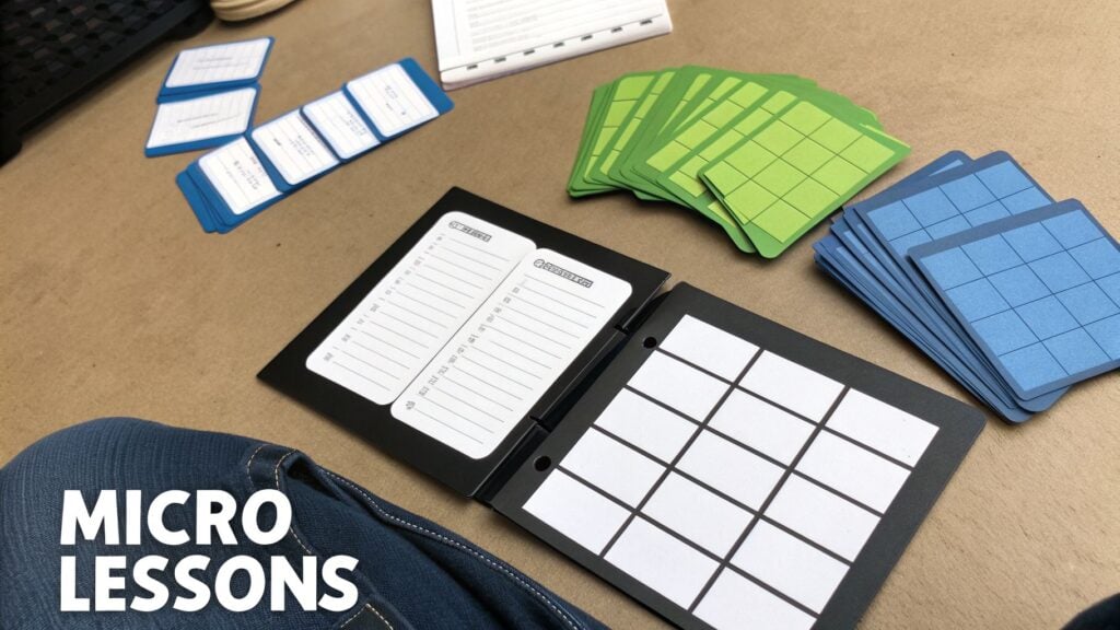 An organized flat lay of study materials including notebooks, green and blue cards, and a schedule planner on a brown desk.