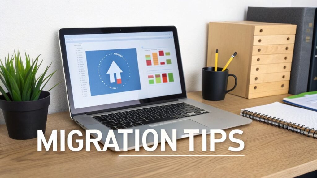 A laptop on a wooden desk displaying a migration graphic and charts, with a plant and office supplies. Text: MIGRATION TIPS.