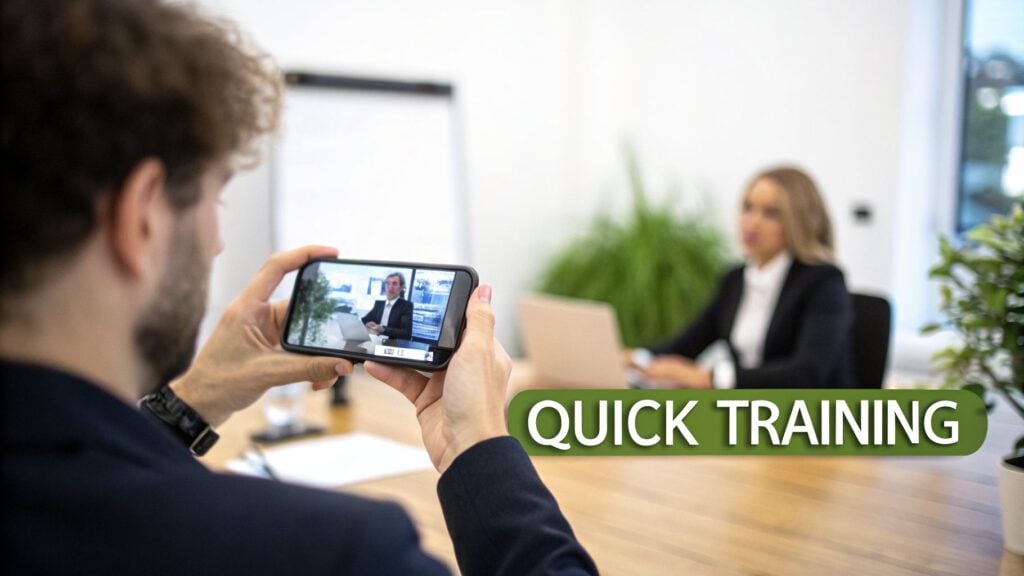Man holding a smartphone watching a video of a professional man, with "QUICK TRAINING" overlay.