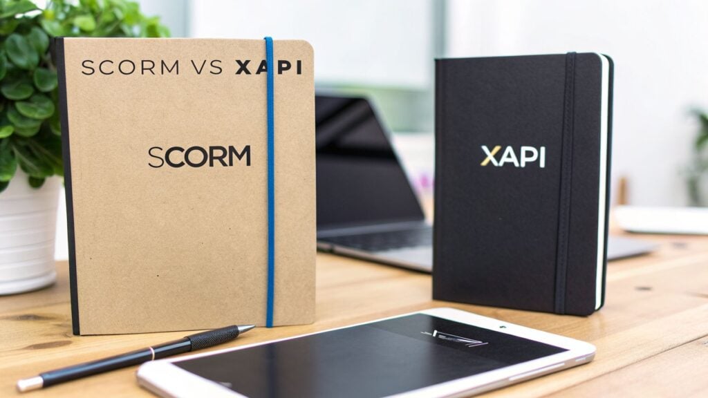 Two notebooks comparing SCORM and XAPI learning standards, with a pen and tablet on a wooden desk.