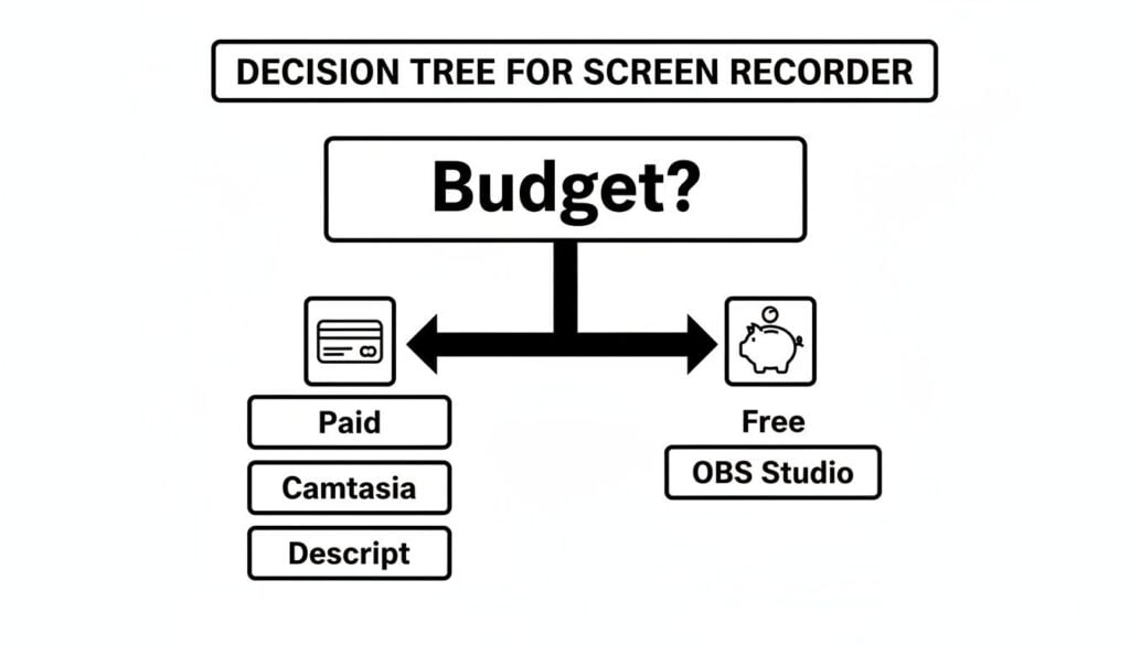 A decision tree for screen recorder software, comparing paid options like Camtasia and Descript with free OBS Studio based on budget.
