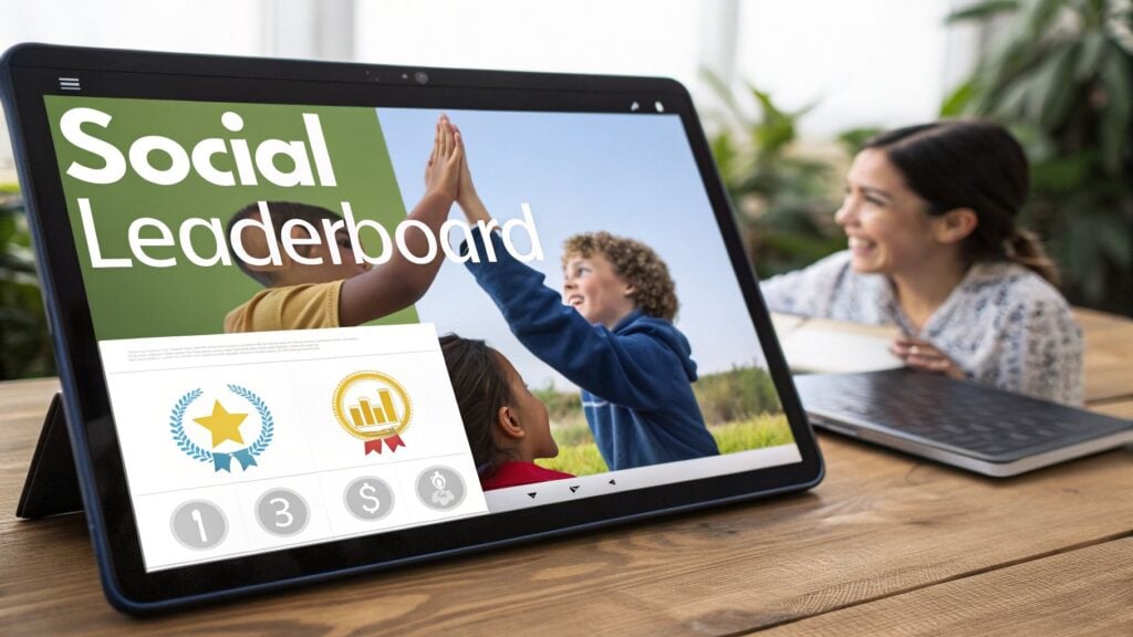 Smiling woman watches a tablet displaying 'Social Leaderboard' for children's online learning achievements.