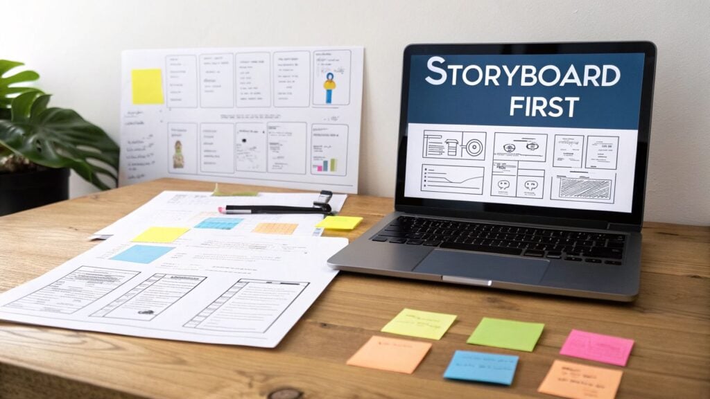 A design workspace featuring a laptop displaying 'STORYBOARD FIRST' and wireframes, with planning documents and colorful sticky notes on a wooden desk.