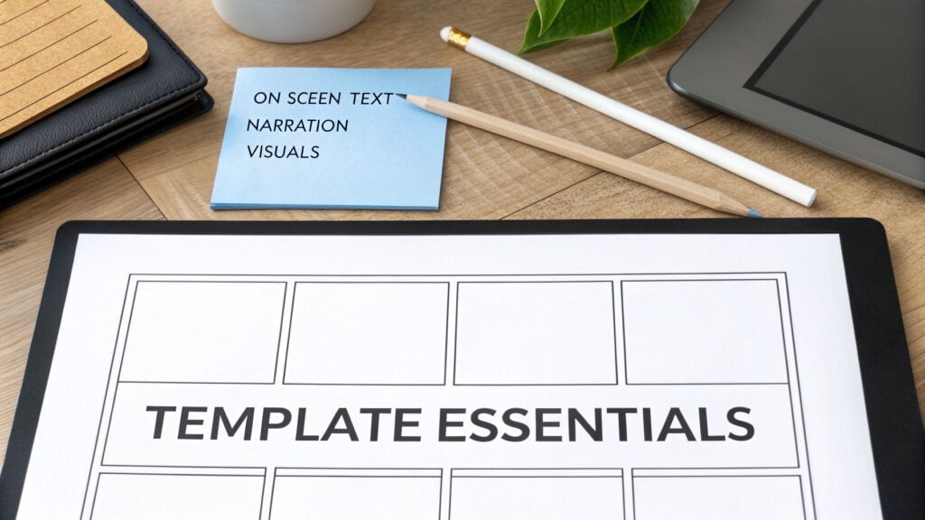 A storyboard template with sections and text 'TEMPLATE ESSENTIALS' next to a sticky note with 'ON SCREEN TEXT, NARRATION, VISUALS'.