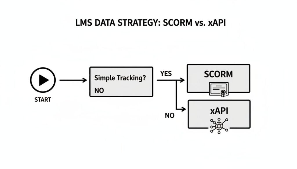 A flowchart illustrates LMS data strategy, guiding the choice between SCORM and xAPI based on simple tracking needs.