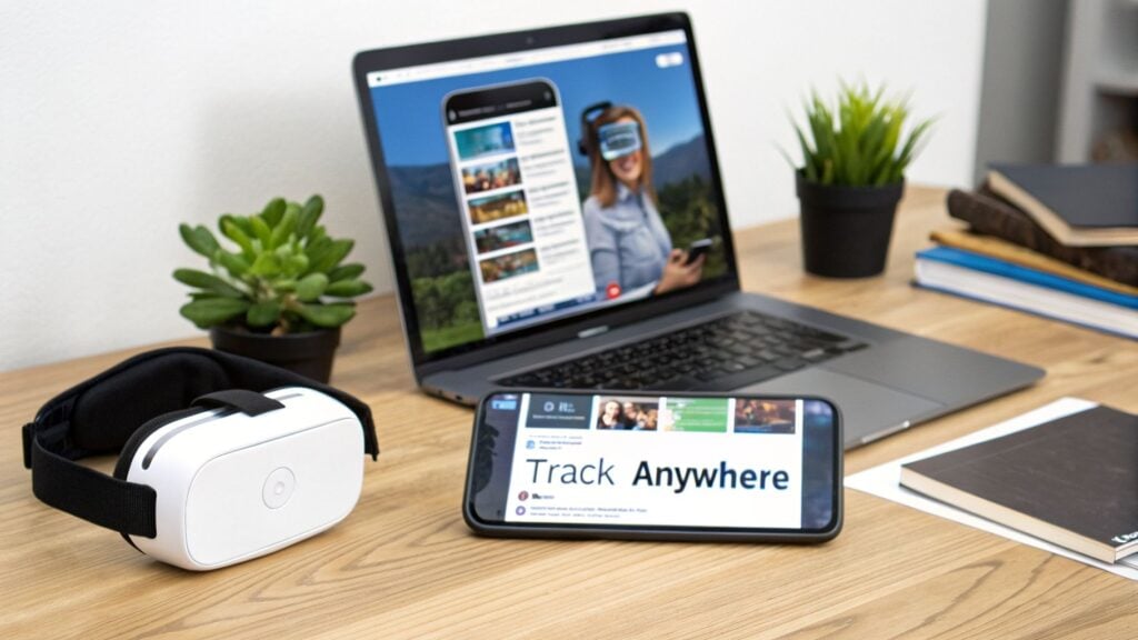 Modern desk setup featuring a laptop, a white VR headset, and a smartphone displaying 'Track Anywhere'.