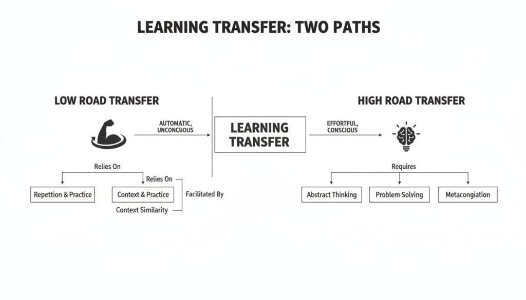 Diagram illustrating two paths of learning transfer: Low Road (automatic, unconscious) and High Road (effortful, conscious).