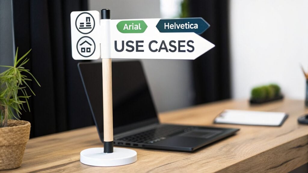 A desk with a laptop and a signpost displaying 'USE CASES' and comparing Arial and Helvetica fonts.