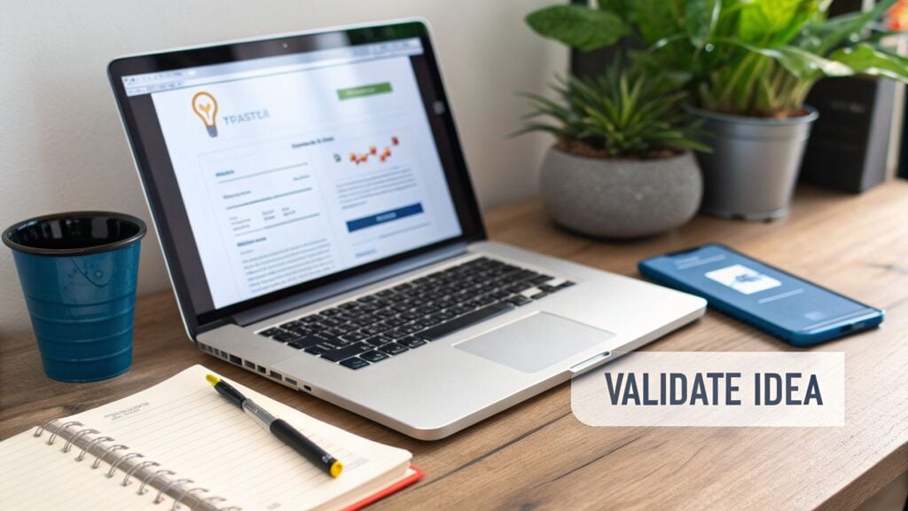 Laptop displaying 'TPastea' idea validation website on a wooden desk with a phone, notebook, and plants.