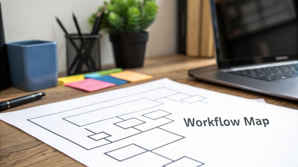 A desk with a Workflow Map document, a pen, laptop, and office supplies.