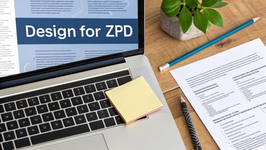 A laptop screen displays 'Design for ZPD' on a wooden desk with a plant, pencils, and paper.