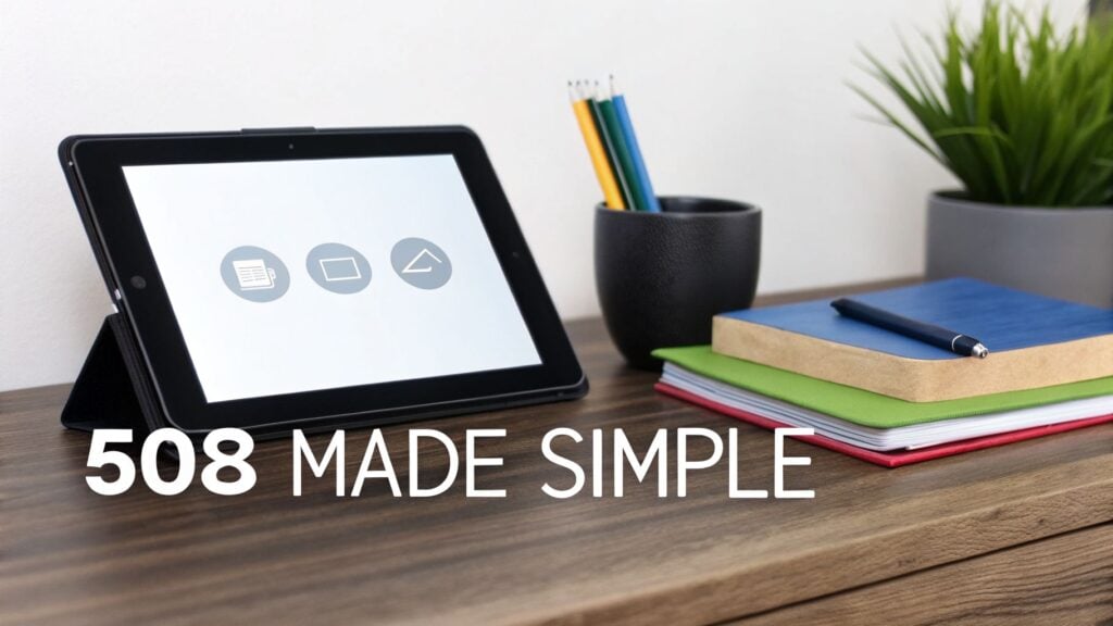 A tablet, pencils, and notebooks on a desk with the text '508 MADE SIMPLE'.