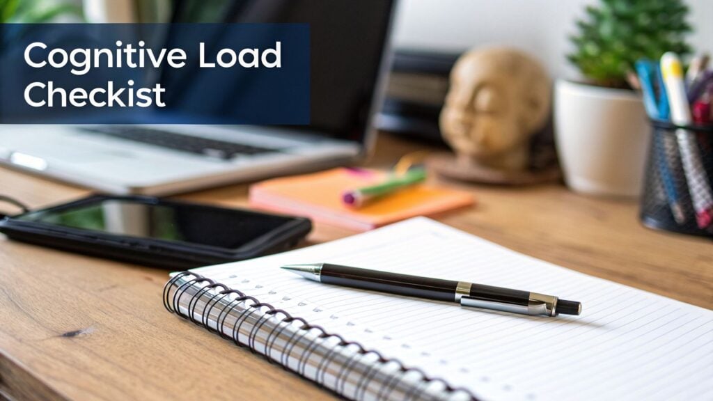 Office desk with a notebook, pen, and laptop, displaying a 'Cognitive Load Checklist'.