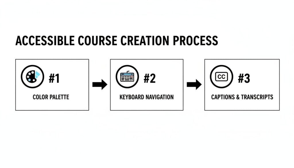 A three-step process for accessible course creation: color palette, keyboard navigation, captions, and transcripts.