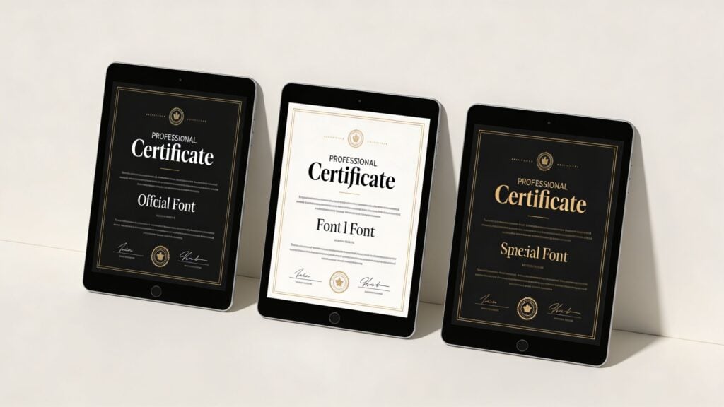 Three tablets displaying various professional certificate templates featuring different typography and elegant layout designs on a neutral background.