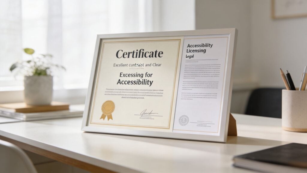 A framed certificate for accessibility excellence displayed on a clean white desk with office supplies.