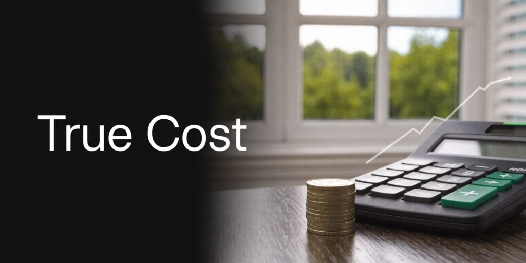 A calculator and a stack of coins on a wooden desk with a rising chart graphic.