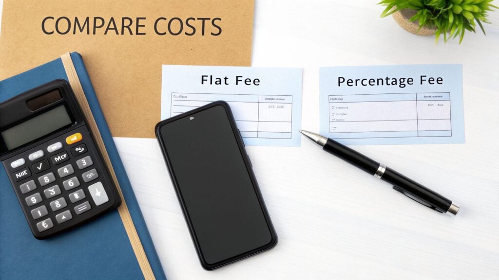 A flat lay comparing costs, with 'Flat Fee' and 'Percentage Fee' cards, calculator, and phone.
