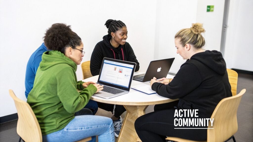 Diverse group of students working together on laptops at a round table, fostering community.
