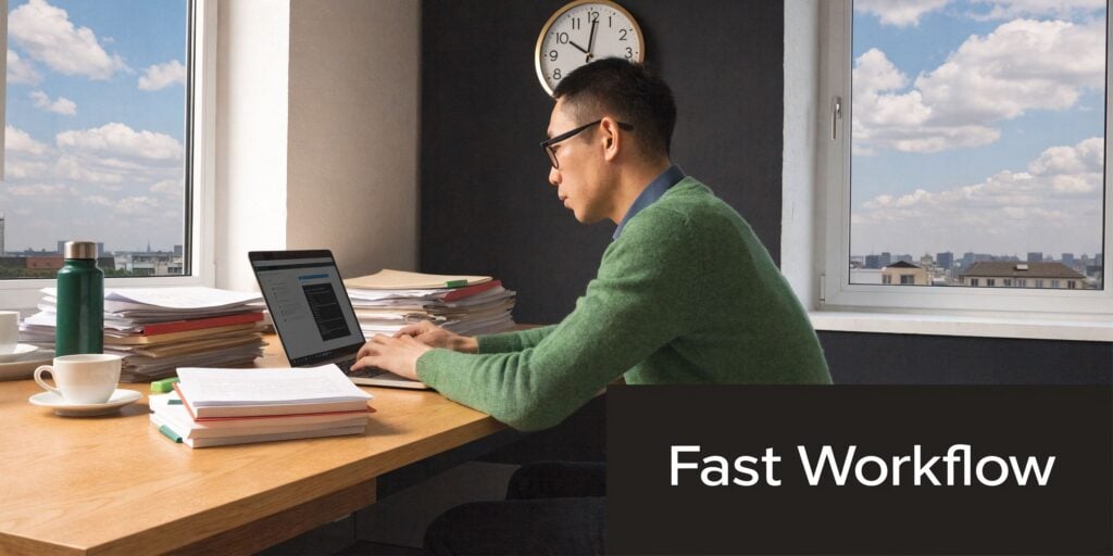 A focused man working on his laptop at a desk stacked with papers near a bright window.