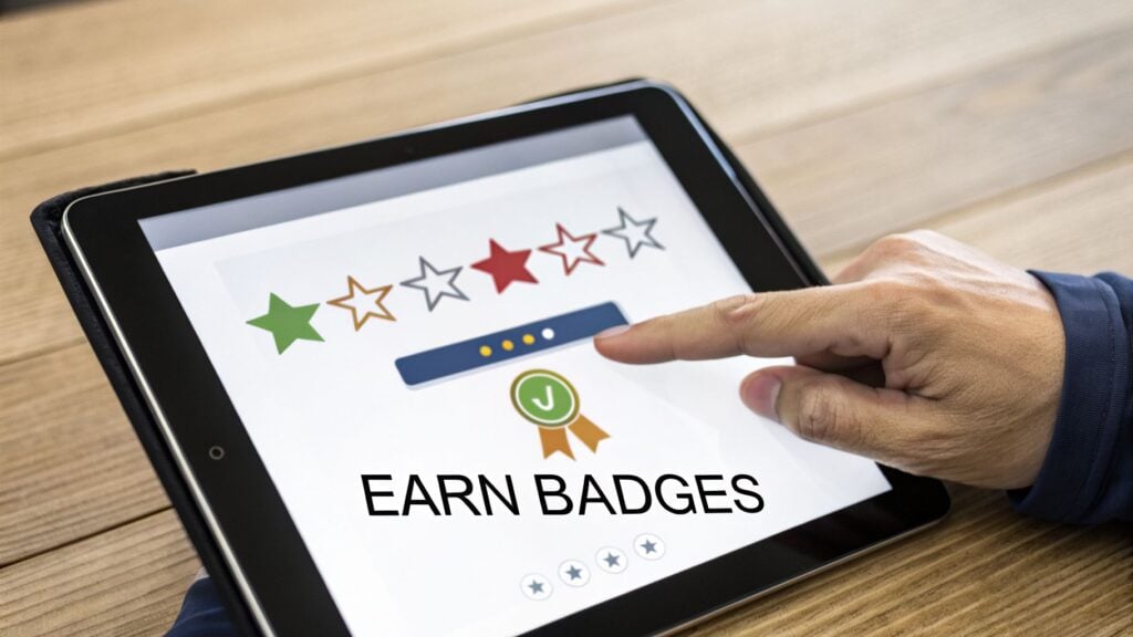A person's hand interacts with a tablet showing a rewards program with star ratings and badges.