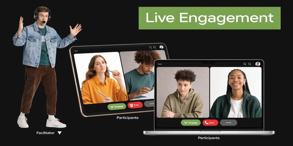 A facilitator leading a virtual cohort based course with participants on digital meeting screens for live engagement.