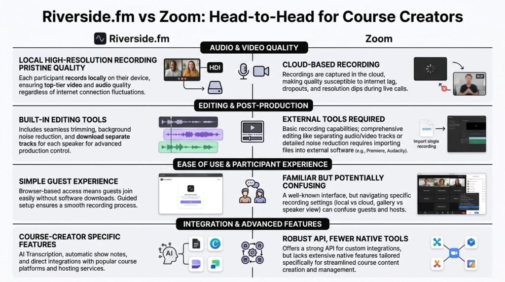 A comparison infographic showing the differences between Riverside.fm and Zoom for course creators and recording video content.