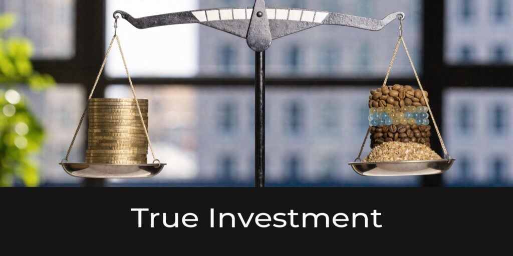 A balanced scale comparing a stack of gold coins against a pile of organic coffee beans and materials.